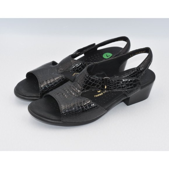 SAS Suntimer Tripad Comfort Croc Print Sandals Women's 7.5 N Black Kitten Heel - Picture 2 of 9